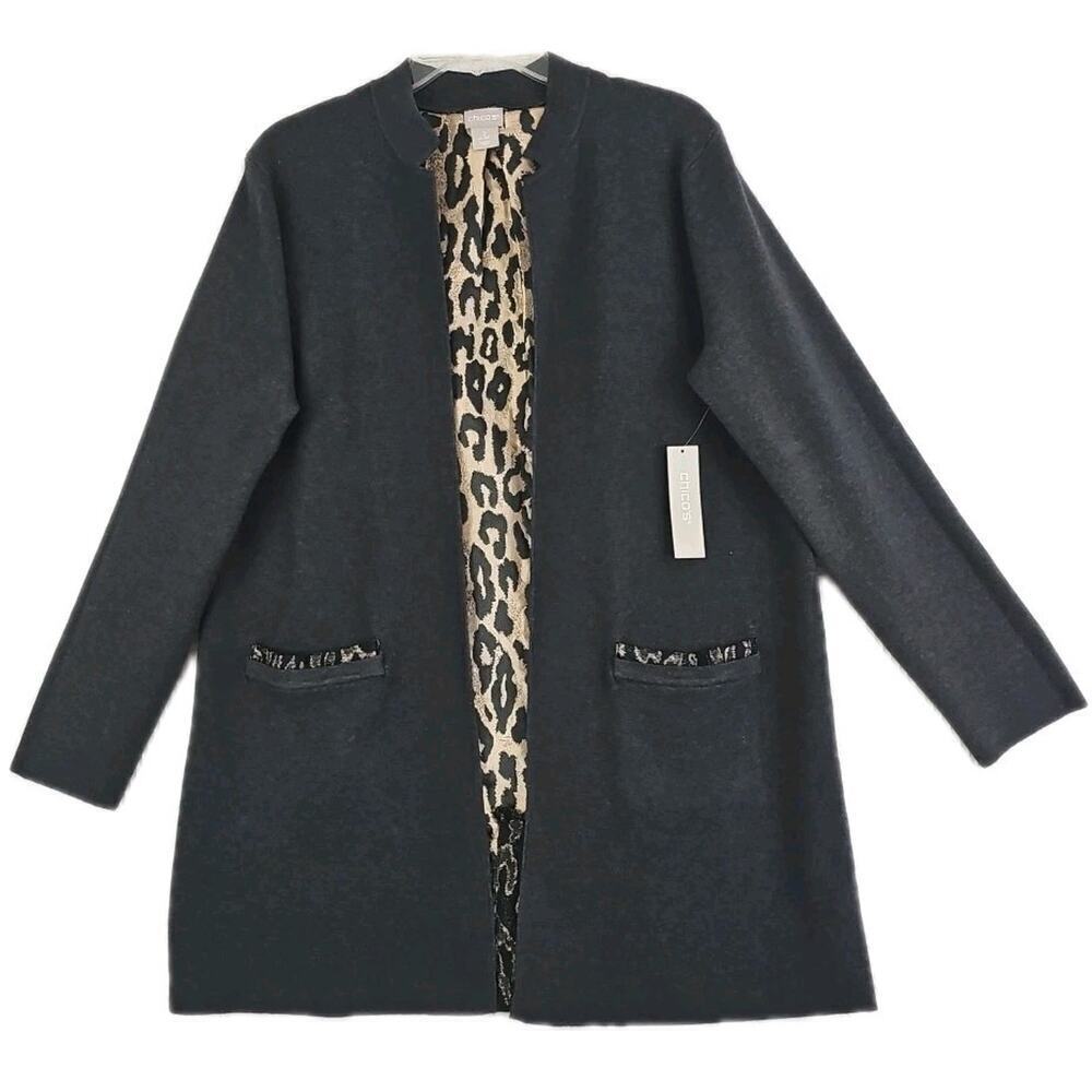 CHICO'S ~Size 2(US L)~ Gray Knit Open Front Long Cardigan Animal Woven Back NWT